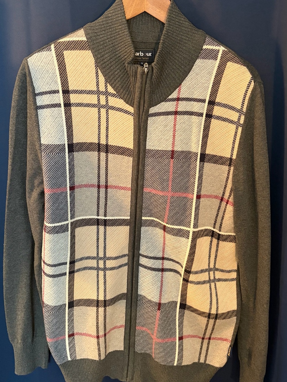 Barbour Men's Cotton Gray Tartan Front Zip Sweater Size Small